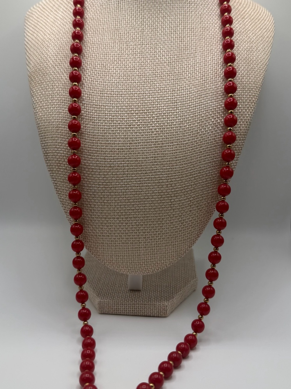 Vintage Monet Red Beaded Long Necklace with Gold Accents